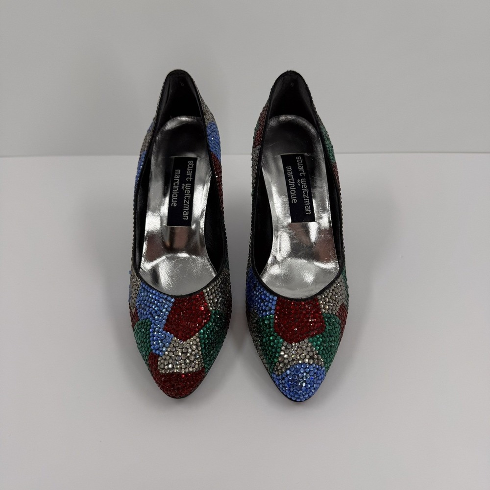 Stuart Weitzman Martinique Women's 7.5 Rhinestone Pump Multi Color Heels Leather - Picture 4 of 16